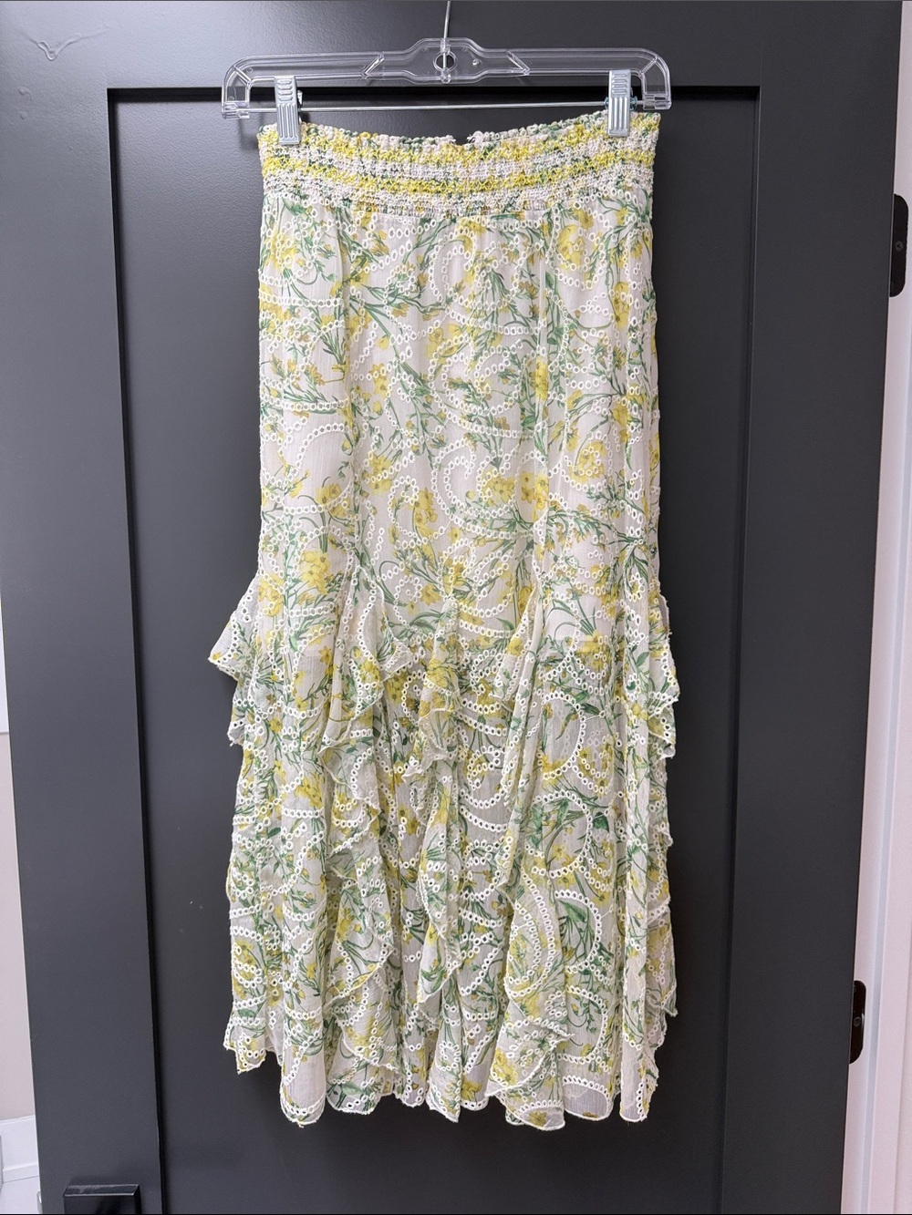 Alice + Olivia Yellow and Green Floral Eyelet Maxi Skirt